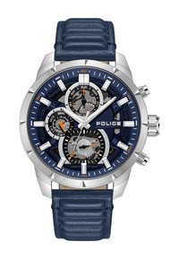 Policijos chronografo laikrodis su sidabriniu nerūdijančio plieno korpusu, tamsiai mėlynu odiniu dirželiu, mėlynu ciferblatu, trimis subciferblatais ir oranžinėmis detalėmis dienai/datai.
