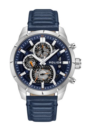Montre chronographe de police avec boîtier en acier inoxydable argenté, bracelet en cuir bleu marine, cadran bleu, trois sous-cadrans et accents orange pour le jour/de la date.