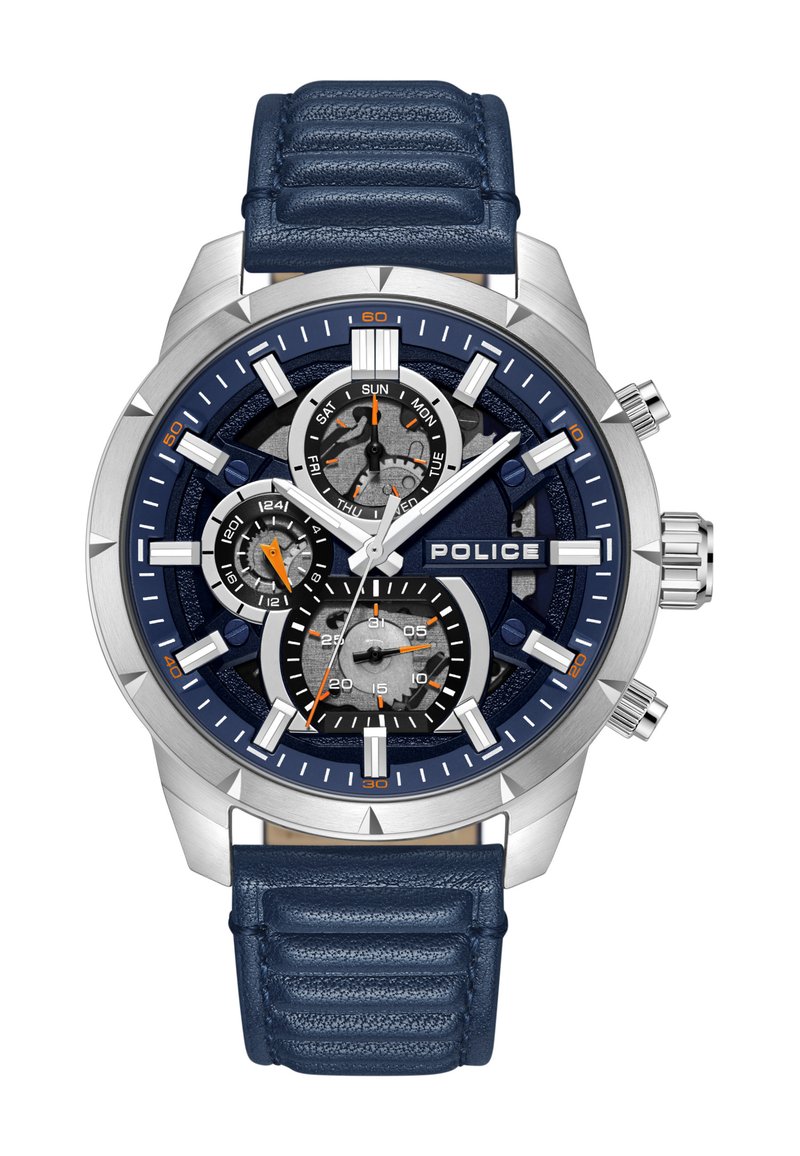 Policijos chronografo laikrodis su sidabriniu nerūdijančio plieno korpusu, tamsiai mėlynu odiniu dirželiu, mėlynu ciferblatu, trimis subciferblatais ir oranžinėmis detalėmis dienai/datai.