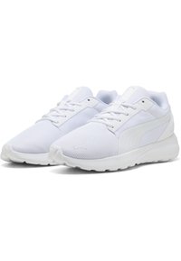 White mesh sneakers with a textured upper, lace-up design, padded collar, and solid rubber outsole. Features a subtle logo side accent.