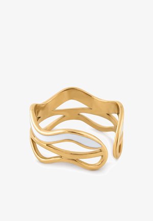 Offener Armreif in Goldoptik mit wellenförmigem, abstraktem Ausschnittdesign und weißen Emaille-Einlagen.