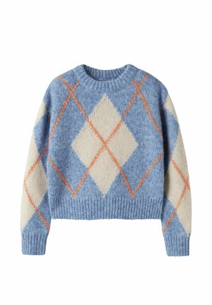 Pull en maille bleu avec grand motif losange argyle crème et orange, poignets et ourlet côtelés.