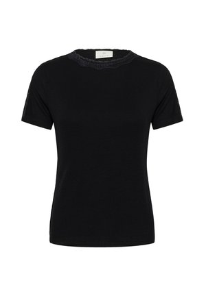 T-shirt noir à manches courtes avec une texture côtelée, ornée d'une dentelle au niveau de l'encolure et d'accents en dentelle transparente sur les épaules.