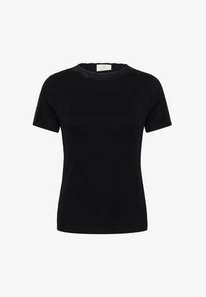 T-shirt noir à manches courtes avec une texture côtelée, ornée d'une dentelle au niveau de l'encolure et d'accents en dentelle transparente sur les épaules.