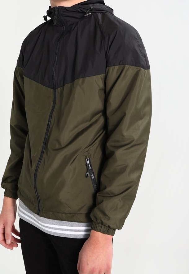 Green and black hooded jacket featuring a zip front, elastic cuffs, and side zip pockets; smooth texture with a color-block design.