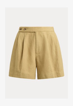 Μπεζ λινό σορτς ψηλής μέσης με πιέτες, κλείσιμο στο πλάι με κουμπιά και φαρδιά εφαρμογή στα πόδια.