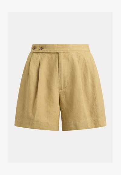 Μπεζ λινό σορτς ψηλής μέσης με πιέτες, κλείσιμο στο πλάι με κουμπιά και φαρδιά εφαρμογή στα πόδια.