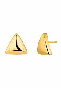 Pendientes en forma de triángulo de color dorado con una superficie lisa y brillante, y un cierre de tipo poste. El diseño presenta bordes y ángulos curvos bien definidos.