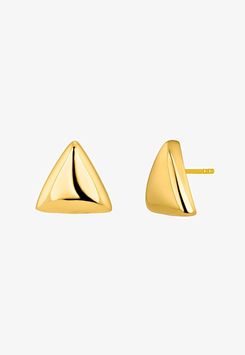 Pendientes en forma de triángulo de color dorado con una superficie lisa y brillante, y un cierre de tipo poste. El diseño presenta bordes y ángulos curvos bien definidos.