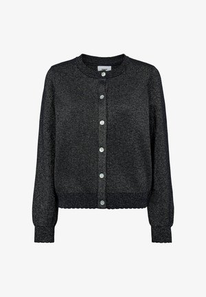 Cardigan negro de punto con escote redondo, mangas largas y cierre de botones en la parte delantera. Presenta pequeños botones blancos y un acabado texturizado.