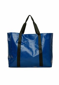 Zila polipropilēna soma ar melniem austu rokturiem. Taisnstūra forma ar spīdīgu, teksturētu virsmu un pastiprinātu šuvju.