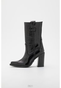 Black patent leather ankle boot with a square toe, high block heel, side zipper, and stitching details. Smooth, glossy finish.