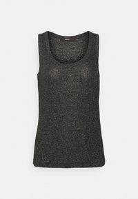 Canotta nera con scollo a barca, realizzata in un tessuto testurizzato con lucentezza metallica. Design semplice, senza maniche e silhouette aderente.
