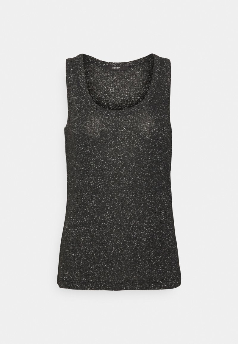 Black tank top with a scoop neck, made from a textured fabric featuring metallic shimmer. Simple design, sleeveless, and fitted silhouette.
