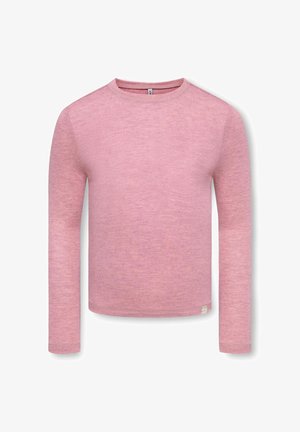 Pull rose à manches longues col rond avec une petite étiquette blanche près de l'ourlet en bas sur fond blanc.