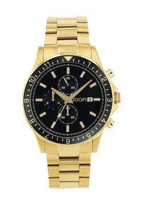 Goldfarbener Chronograph mit schwarzem Zifferblatt, silbernen Stundenmarkierungen und drei Unterzifferblättern. Verfügt über ein Metallgliederarmband und eine Datumsanzeige.