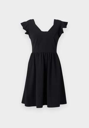 Black dress with a fitted bodice and flared skirt. Features short ruffled sleeves and a V-neckline. Made from smooth fabric.