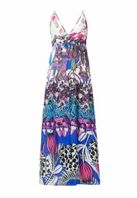 Robe maxi avec un décolleté en V, ornée de motifs floraux et abstraits colorés dans des nuances de violet, bleu et rose ; fabriquée dans un tissu léger.