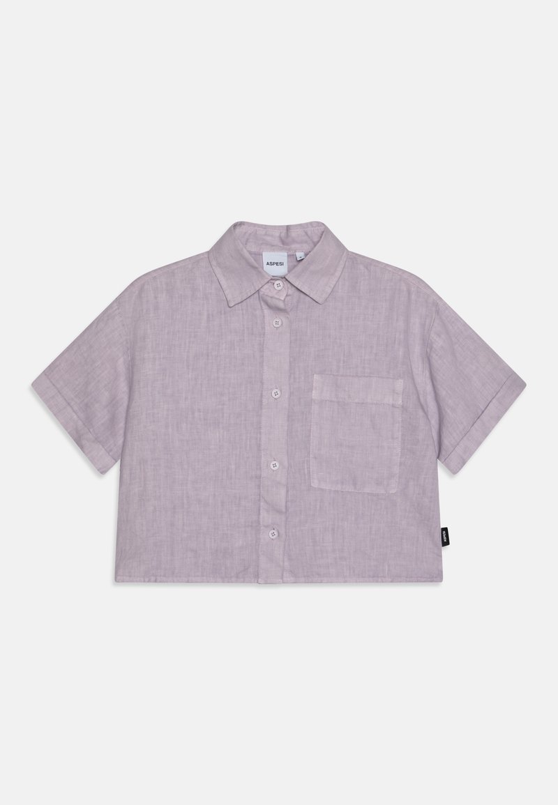 Tričko s krátkym rukávom a golierom z látky vo svetlom levanduľovom odtieni s textúrovaným povrchom. Obsahuje náprsné vrecko a gombíkové zapínanie. Viditeľná značka.