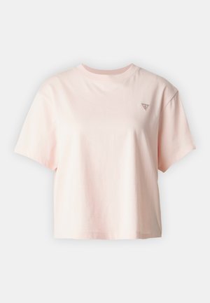 T-shirt in cotone rosa chiaro a maniche corte. Girocollo e piccolo logo ricamato a forma di triangolo sul lato sinistro del petto. Design semplice.