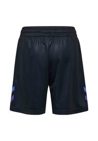 Schwarze Sportshorts mit einem elastischen Bund und drei vertikalen Farbverläufen in Blau und Lila auf der linken Seite. Glatte Textur.