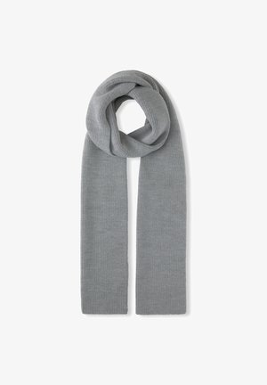 Écharpe en tricot grise avec une finition texturée. Forme longue et rectangulaire, pliée en boucle. Matière douce adaptée pour un superposage chaud.