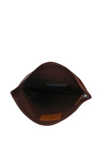 Brown leather pouch with a smooth texture, zip closure, and an inner compartment featuring a contrasting dark lining and a labeled patch.