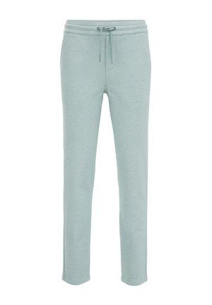 Lyseblå joggingbukser med elastisk talje og snøre, lige ben, uden synlige logoer eller mønstre.