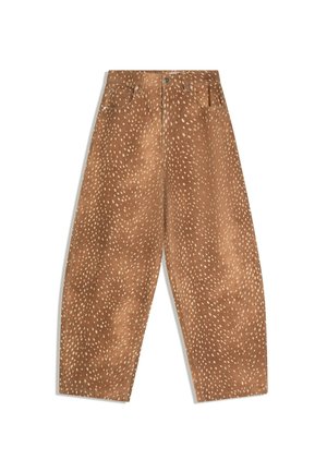 Braune Hose mit weitem Bein und cremefarbenem, unregelmäßigem Punktemuster, vorne mit Knopf, Reißverschluss sowie seitlichen und hinteren Taschen, flach auf weißem Hintergrund liegend.