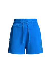Mėlyni sportiniai šortai, pagaminti iš minkštos medžiagos, su elastingu juosmeniu, reguliuojama raišteliu, šoninėmis kišenėmis ir geltonu logotipu.