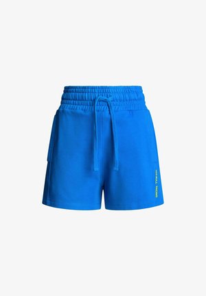 Shorts sportivi blu realizzati in tessuto morbido, dotati di una vita elasticizzata, cordoncino regolabile, tasche laterali e logo giallo.