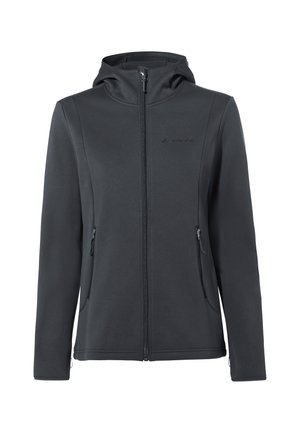Schwarze Zip-Hoodie aus weichem Stoff, mit hohem Kragen, zwei Seitentaschen und einer Kapuze. Dezentes Logo auf der Brust.