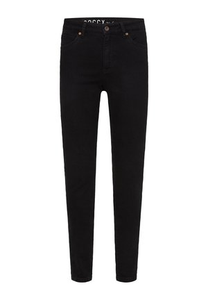 Black jeans made of denim, featuring a slim fit, five-pocket design, a button closure, and subtle stitching details.