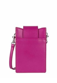 Borsa a tracolla magenta in pelle con chiusura superiore a patta singola e tasca laterale; presenta una tracolla rimovibile e una finitura liscia e strutturata.