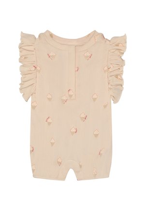 Beige geribbelde baby romper met gerufflede korte mouwen en ijsjesprint over het hele kledingstuk.
