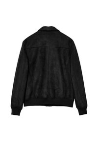 Giubbotto bomber in suede nero con polsini e bordo a coste, dettagli delle cuciture sulla schiena e sulle maniche.