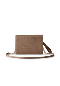 Brown textured leather clutch with detachable thin strap and gold chain accent, flat on white background.