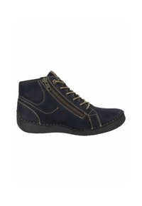 Bottes hautes bleu marine en suède texturé, dotées d'une fermeture éclair sur le côté, de lacets et de coutures contrastantes en tan le long des coutures.