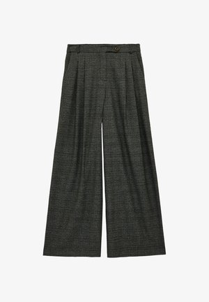Pantalon à jambes larges en gris foncé avec un motif pied-de-poule texturé. Il comporte une fermeture à bouton sur le devant et des plis soignés pour un design structuré.