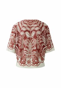 Roomkleurige trui met korte mouwen, met symmetrische roestrode bloemen- en vogelpatronen die de achterkant en mouwen bedekken.