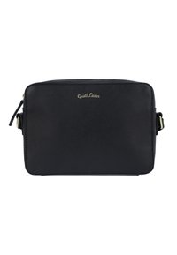 Bolsa cruzada rectangular de cuero negro con cremallera dorada y correa ajustable, que presenta el logo "Gusti Leder" en la parte frontal.