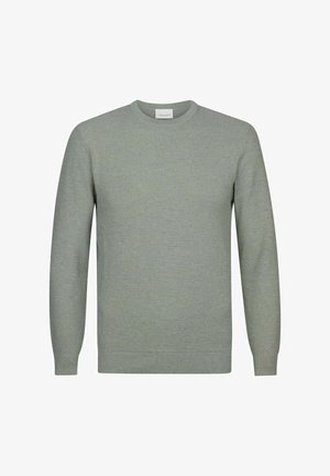 Jasnozielony sweter dziany z długimi rękawami, okrągłym dekoltem oraz ściągaczami na mankietach i dole. Tkanina ma subtelny, tkany wzór.