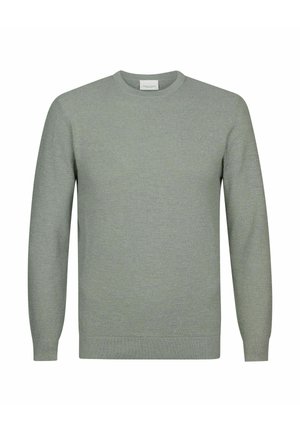 Hellgrüner Strickpullover mit langen Ärmeln, rundem Ausschnitt sowie gerippten Bündchen und Saum. Die Textur zeigt ein dezentes, gewebtes Muster.