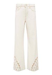 Cremefarbene Jeans mit weitem Bein und hoher Taille, vorne mit Knopf und Reißverschluss, mit floraler Cut-out-Stickerei nahe dem Saum an beiden Beinen.
