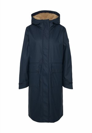 Marine waterdichte jas met een pluche, beige bont gevoerde capuchon, twee voorkleppen, een staande kraag en verstelbare manchetten voor een comfortabele pasvorm.