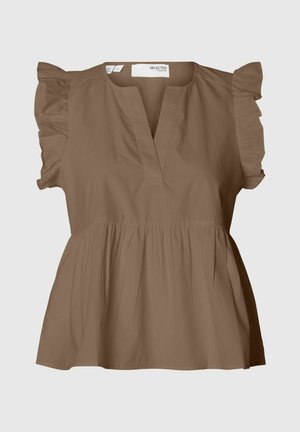 Brązowa bluzka peplum z lekkiego materiału charakteryzuje się krótkimi falbankowymi rękawami, dekoltem w kształcie litery V oraz zgromadzonym w pasie krojem, który zapewnia luźny fason.