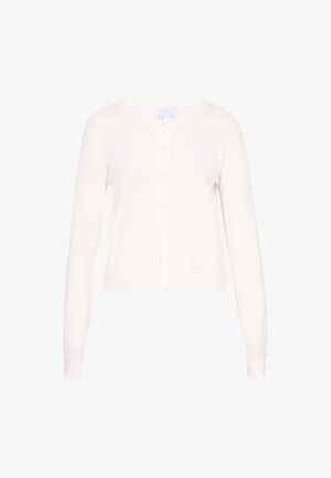 Fehér kötött kardigán kerek nyakkivágással, hosszú ujjal, elől gombokkal és ujjain is gomb díszítéssel. Simább textúra, testhezálló fazon.