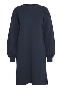 Navyblaues Sweatshirtkleid mit Ballonärmeln, Rundhalsausschnitt und Seitenschlitzen. Hergestellt aus weichem Stoff mit strukturiertem Nahtdetail.