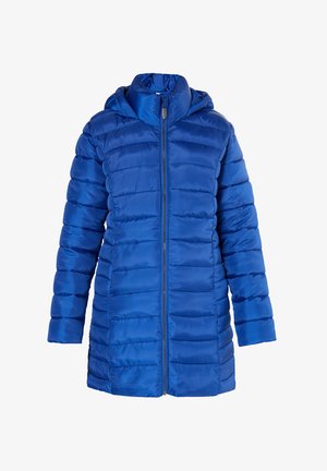 Blå oppusteligjakke med hætte, med vandrette quiltede sektioner, frontlynlås og ribbede manchetter. Glat, skinnende stof med et let design.