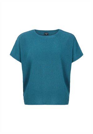Kortek mouw teal top met een textuurstof, ronde halslijn en een losse fit. Heeft een rechte zoom en minimale stiknaaddetails.